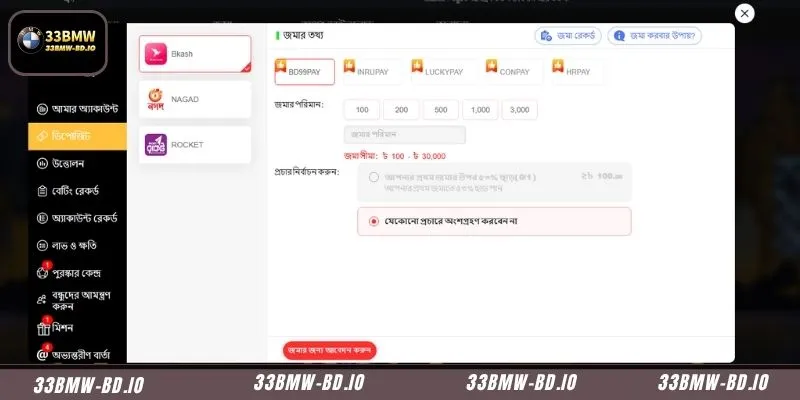 Secure mobile wallet execution instructions for completing a successful 33BMW Deposit